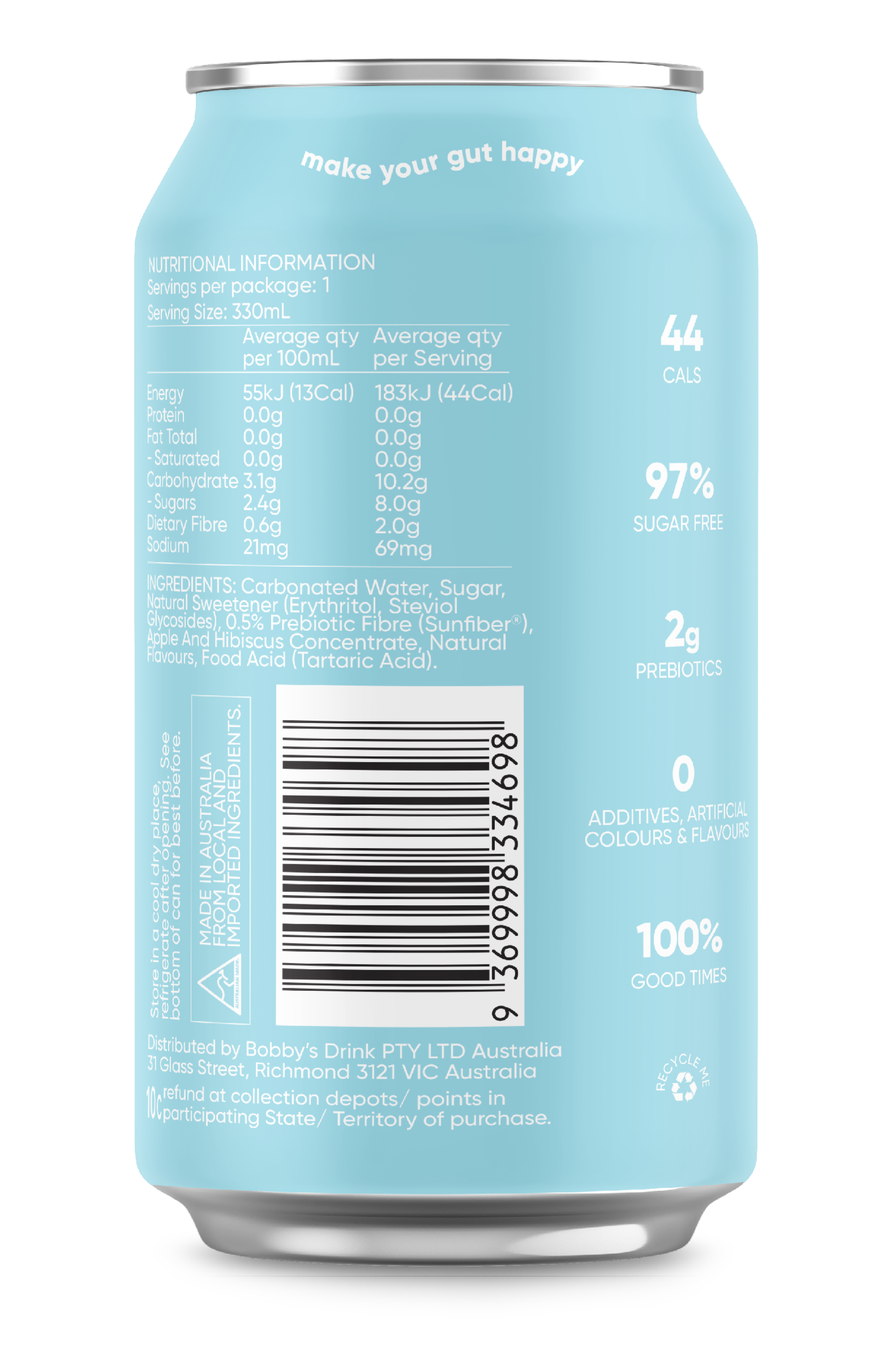 Australian-made cola soft drink, a better-for-you alternative to Coca Cola that is low in calories and sugar filled with prebiotics to aid in gut digestion.