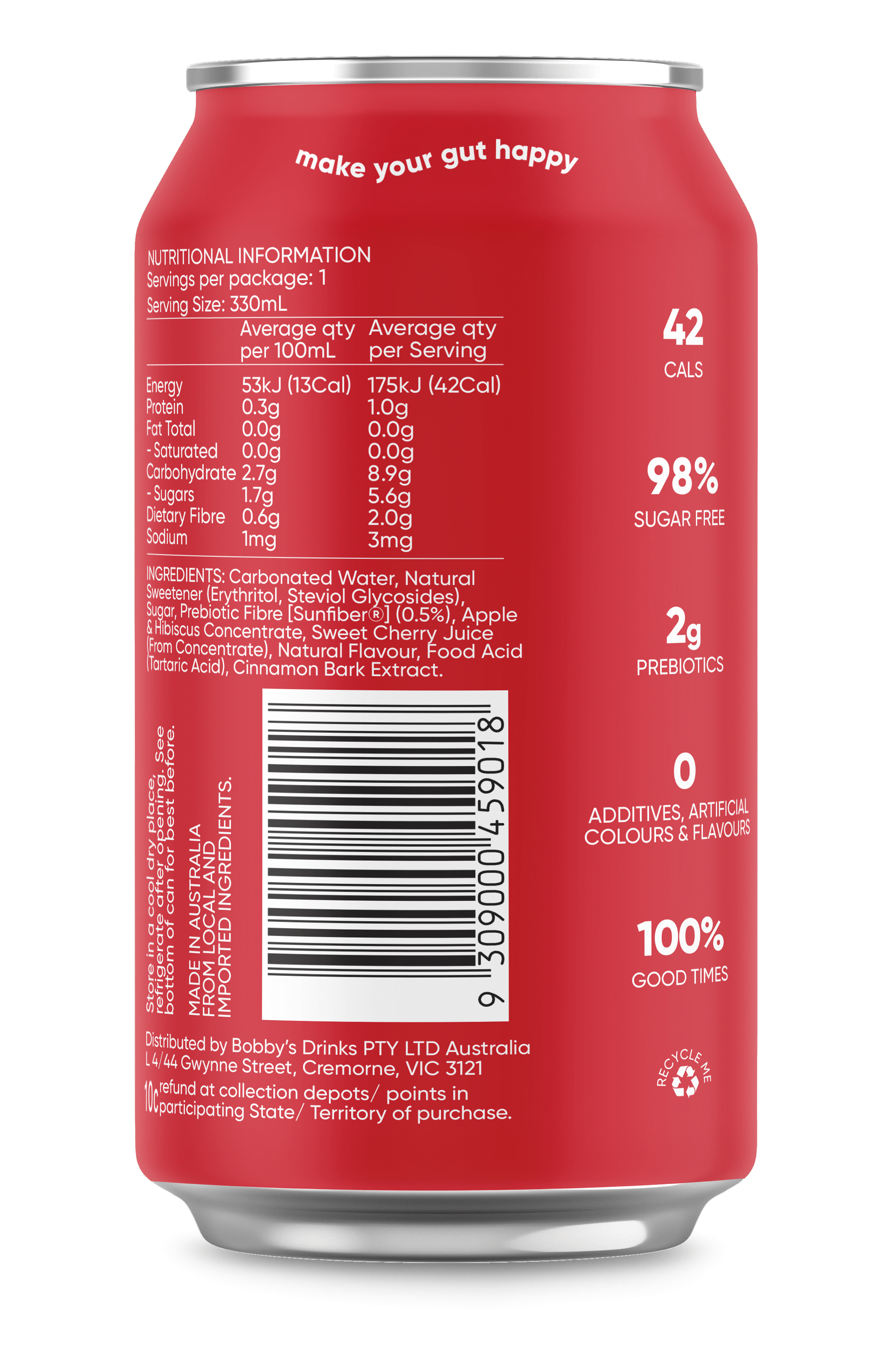 Australian-made cherry cola soft drink, a better-for-you alternative to doctor pepper that is low in calories and sugar filled with prebiotics to aid in gut digestion.