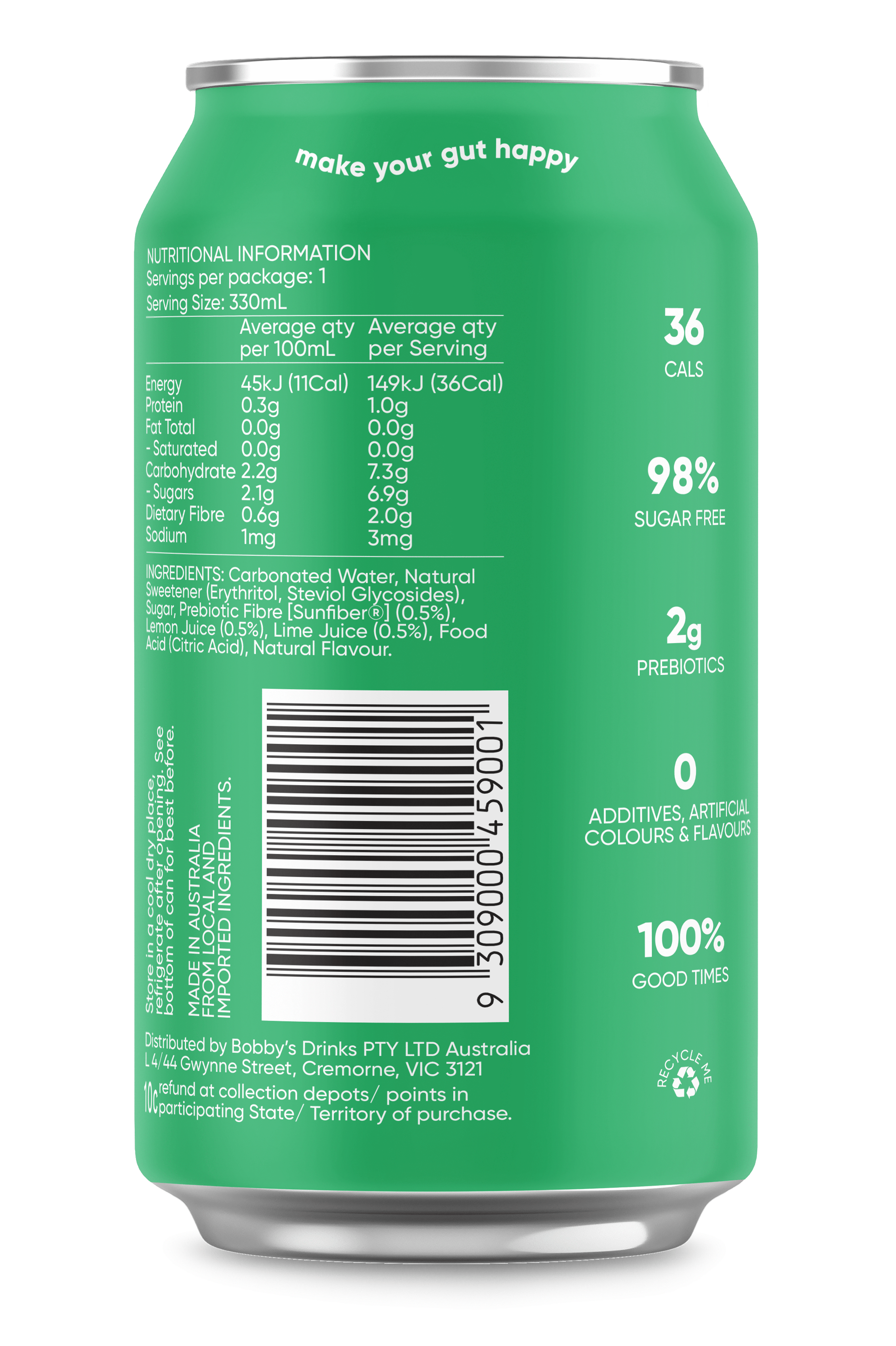 Australian-made lemon-lime soft drink, a better-for-you alternative to sprite that is low in calories and sugar filled with prebiotics to aid in gut digestion.