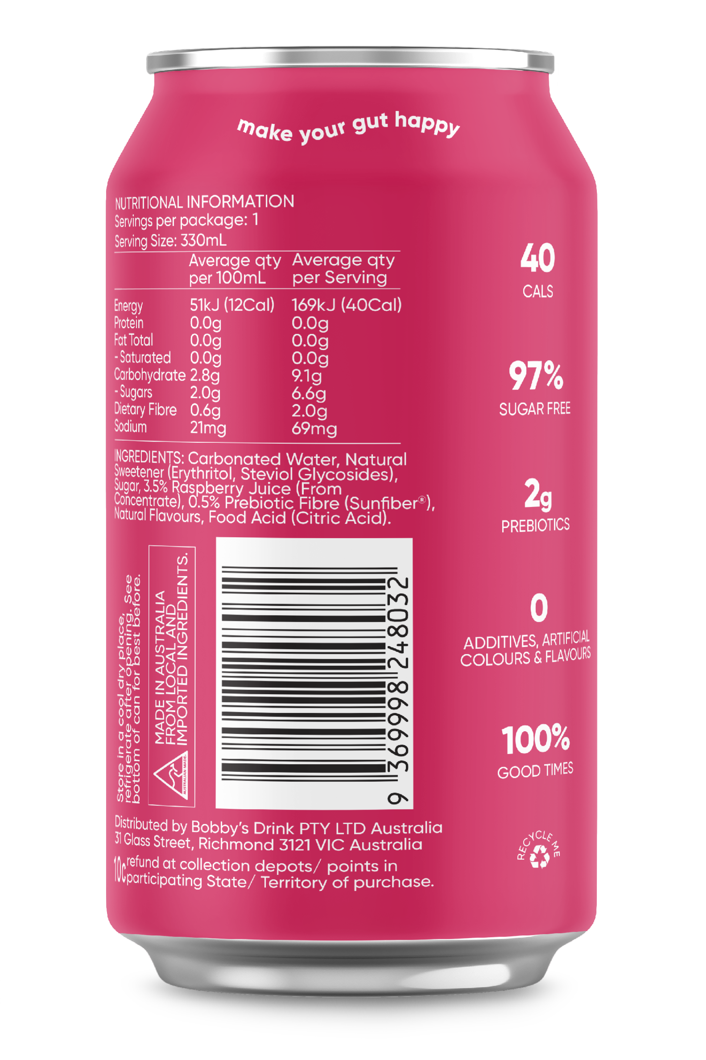 Australian-made raspberry soft drink, a better-for-you alternative to Fanta Raspberry that is low in calories and sugar filled with prebiotics to aid in gut digestion.