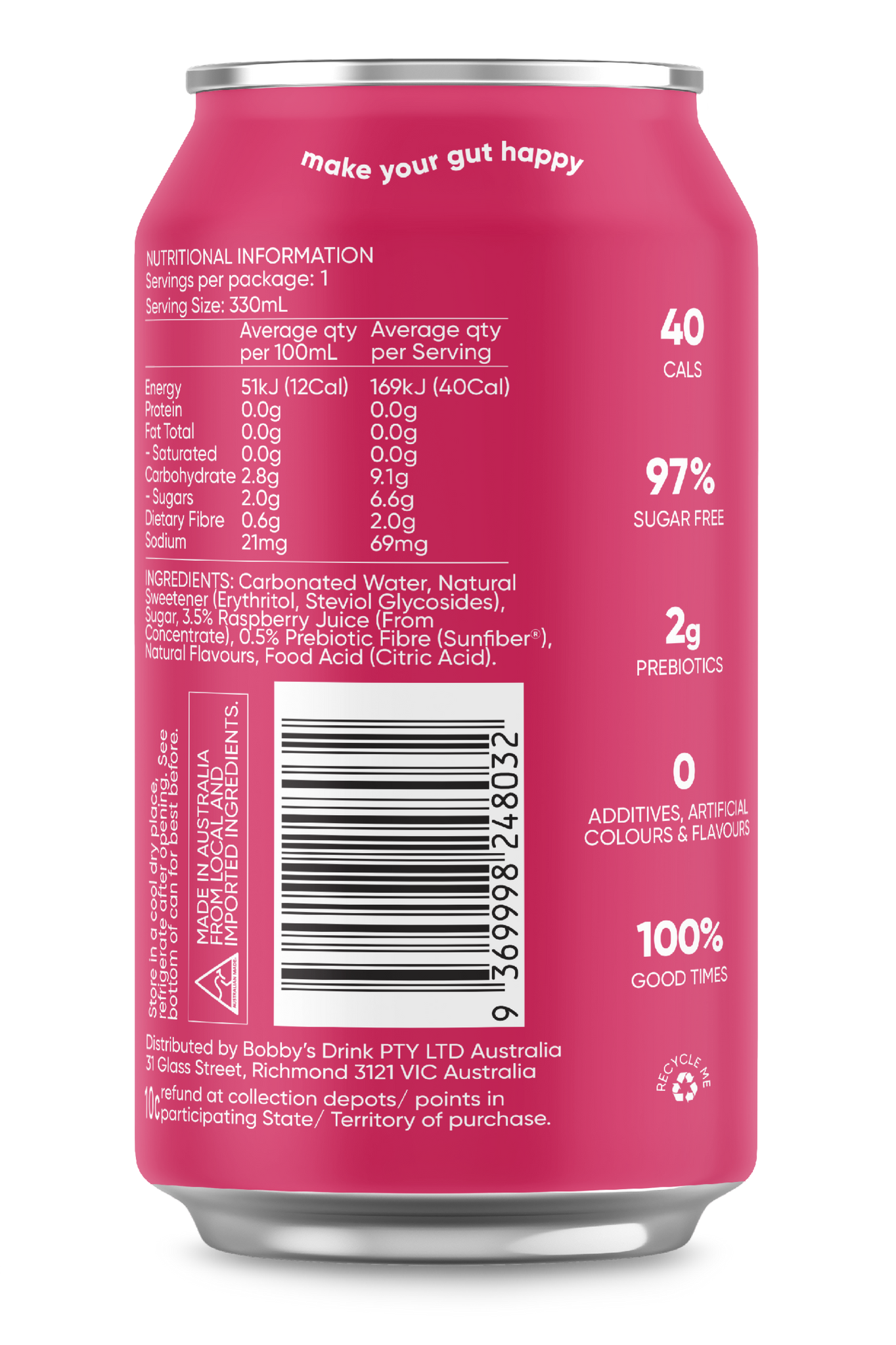side view of Bobby's prebiotic soda showing nutritional information