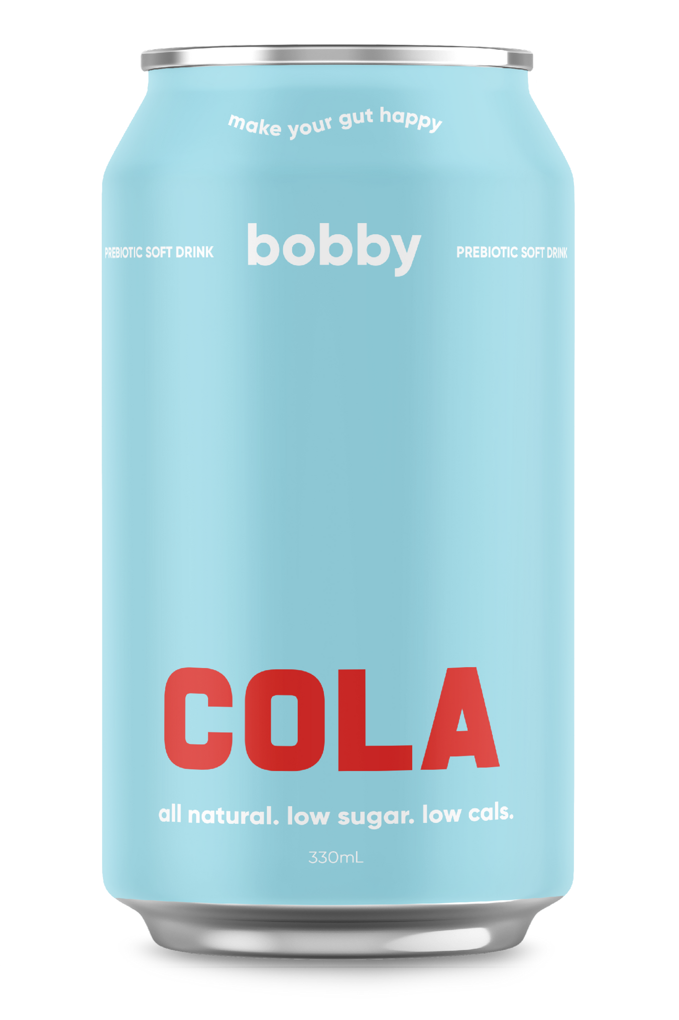front of bobby cola can, all natural, low sugar and low cals labelled on can