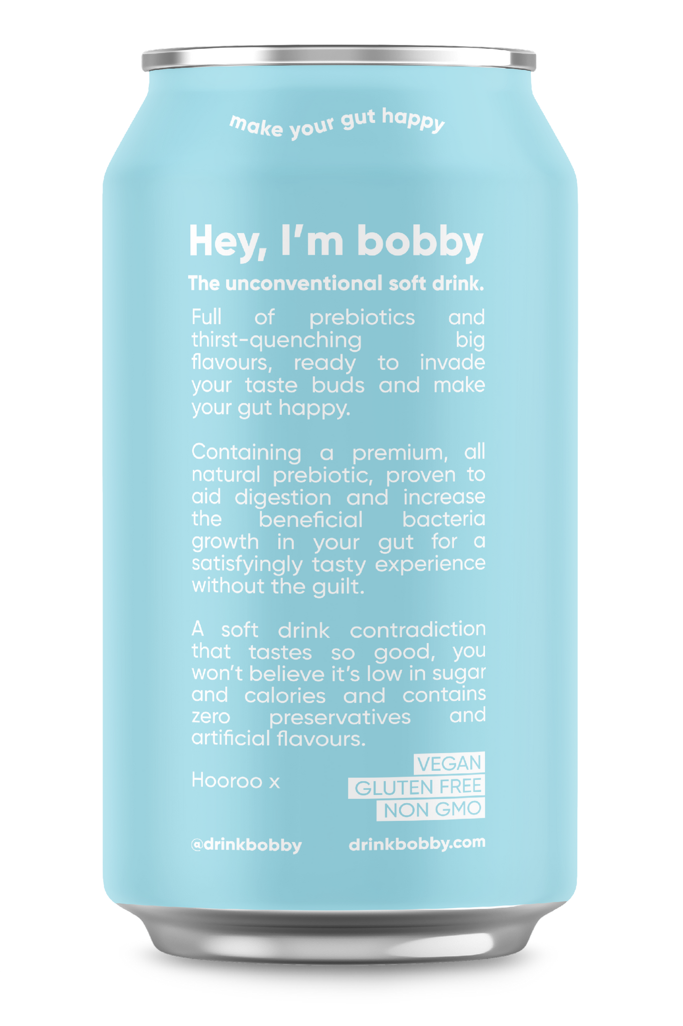 bobby soft drink blue can, blurb explaining the unconventional soft drink